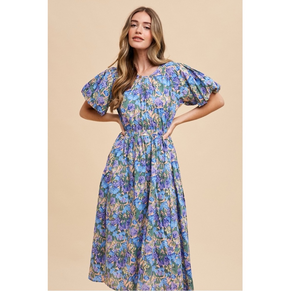138 • Blue Floral So Soft 100% Cotton Puff Sleeve Midi Dress